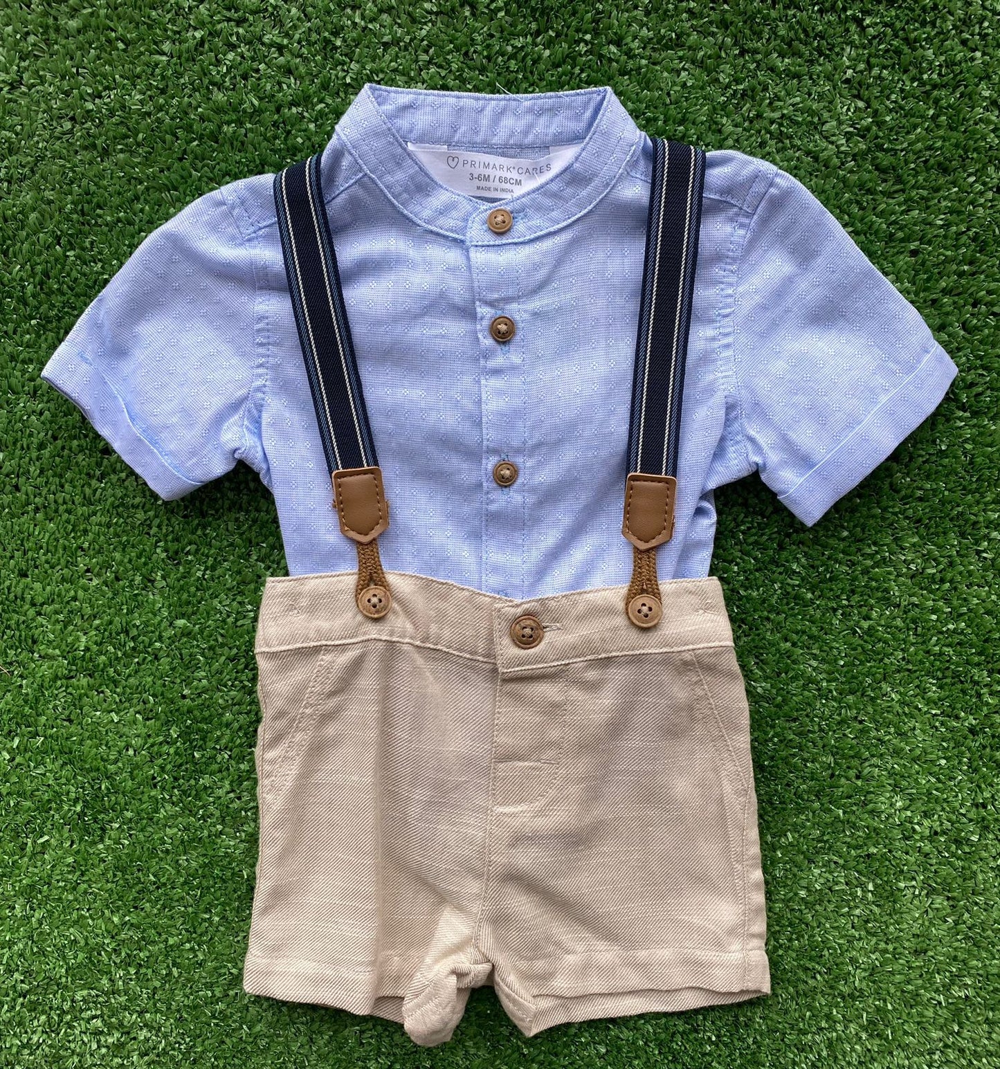 Jardineira Batizado Camisa Azul