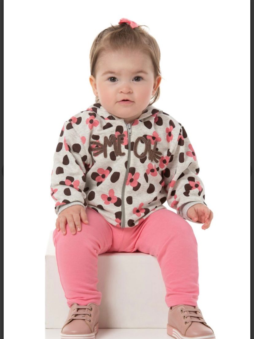 Conjunto Moletom Cinza com Touca com Flores Rosa