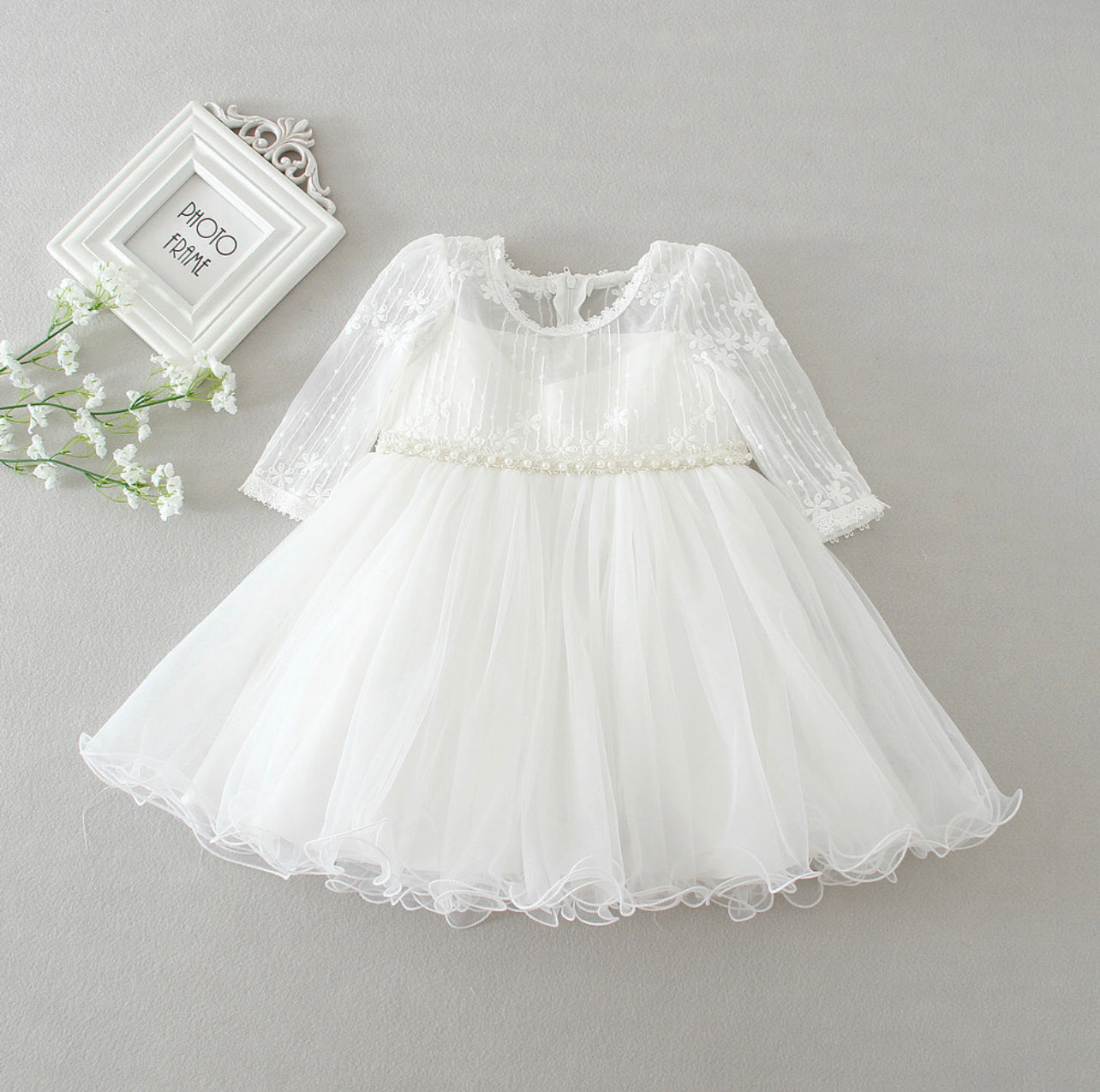 Y Vestido de Batizado de Manga Longa