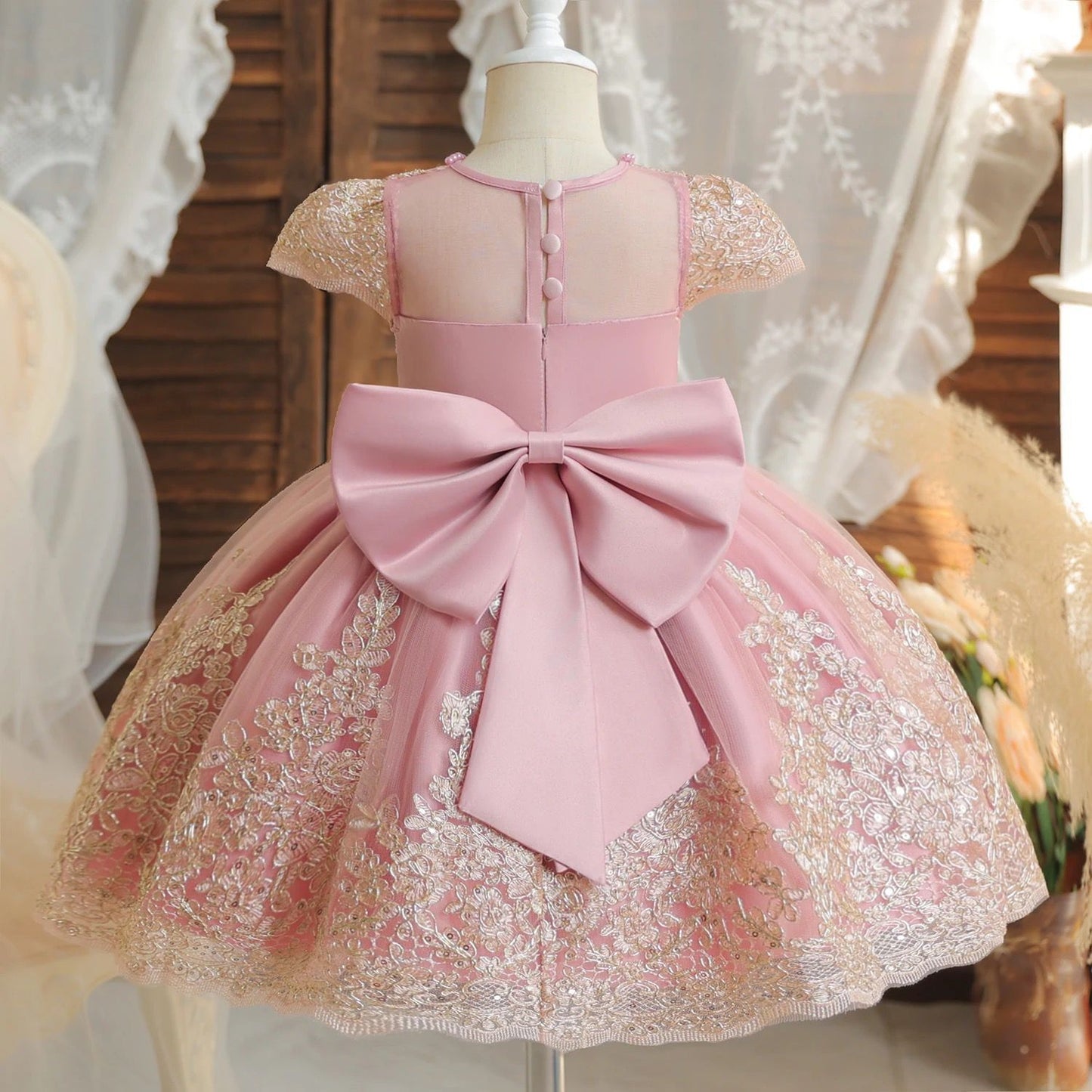 Vestido de festa Rosa com Dourado
