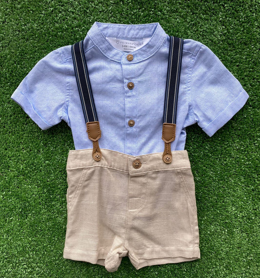 Jardineira Batizado Camisa Azul