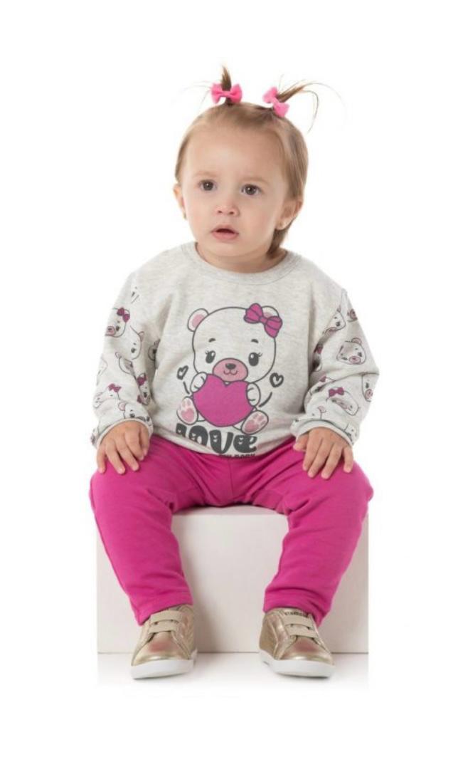 Conjunto Moletom Cinza Ursinha Rosa