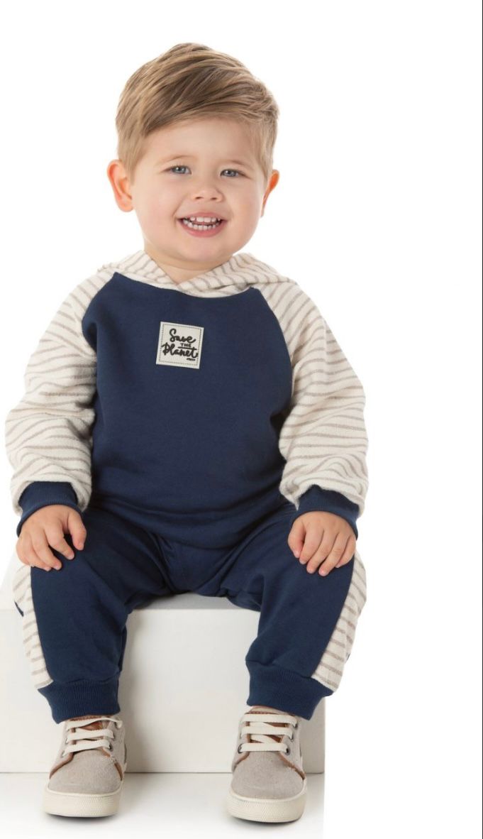 Conjunto Moletom Azul Marinho com Listrado nas Manga