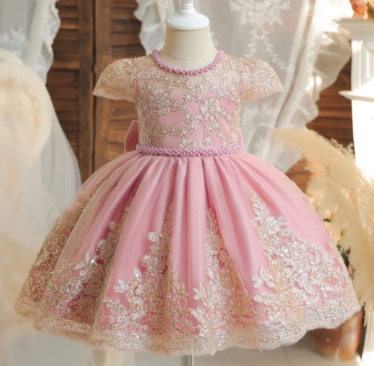 Vestido de festa Rosa com Dourado