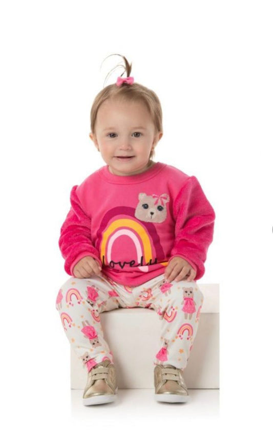 Conjunto Moletom Pink Arco Iris e Ursinha