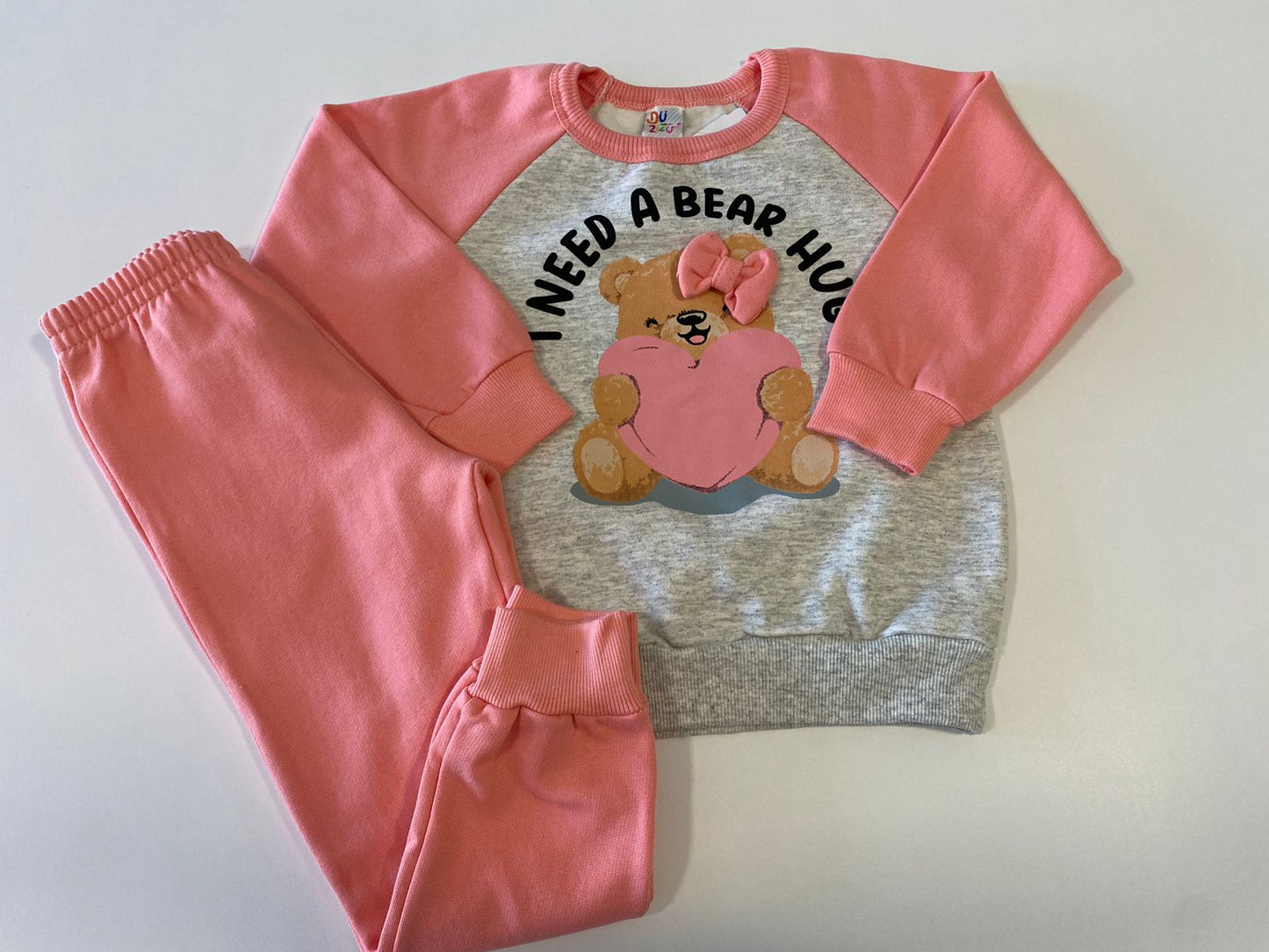 Conjunto Moletom Ursinha Cinza e Coral