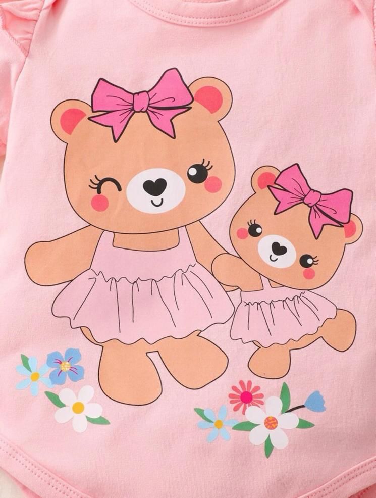 Conjunto Body Rosa de Ursinha e Shorts Estampado e Tiara