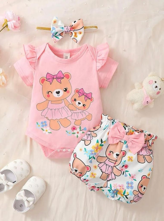 Conjunto Body Rosa de Ursinha e Shorts Estampado e Tiara