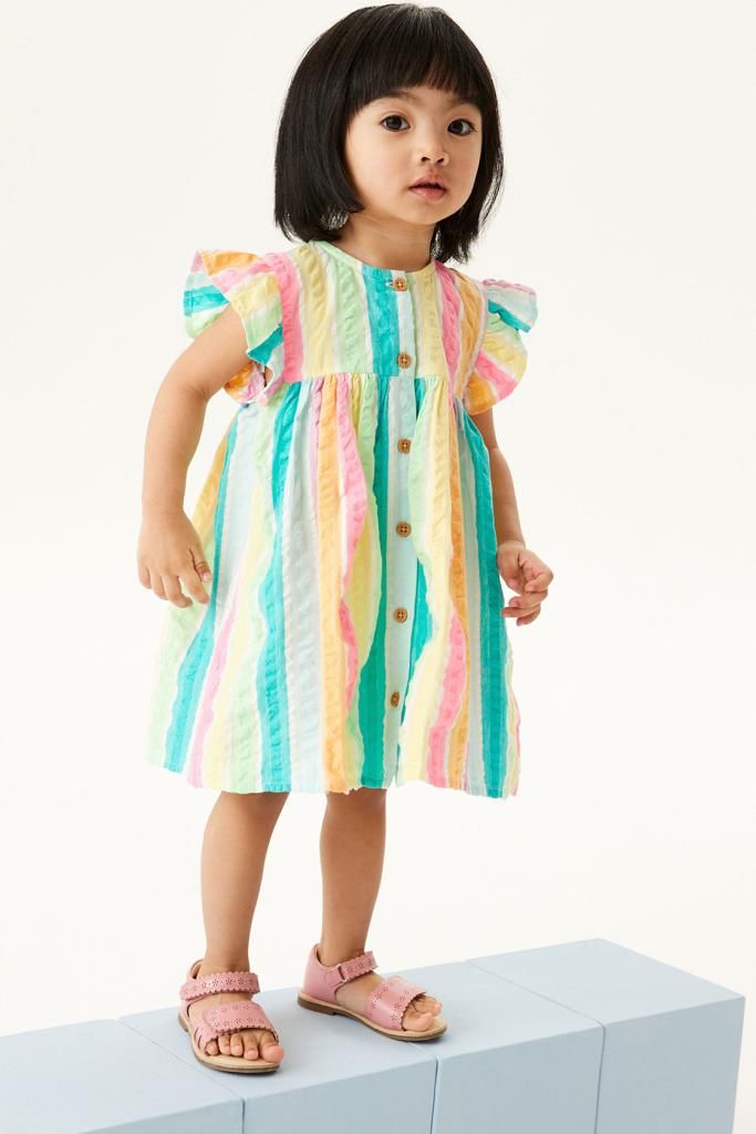 Vestido Com Botoes Listrado Colorido