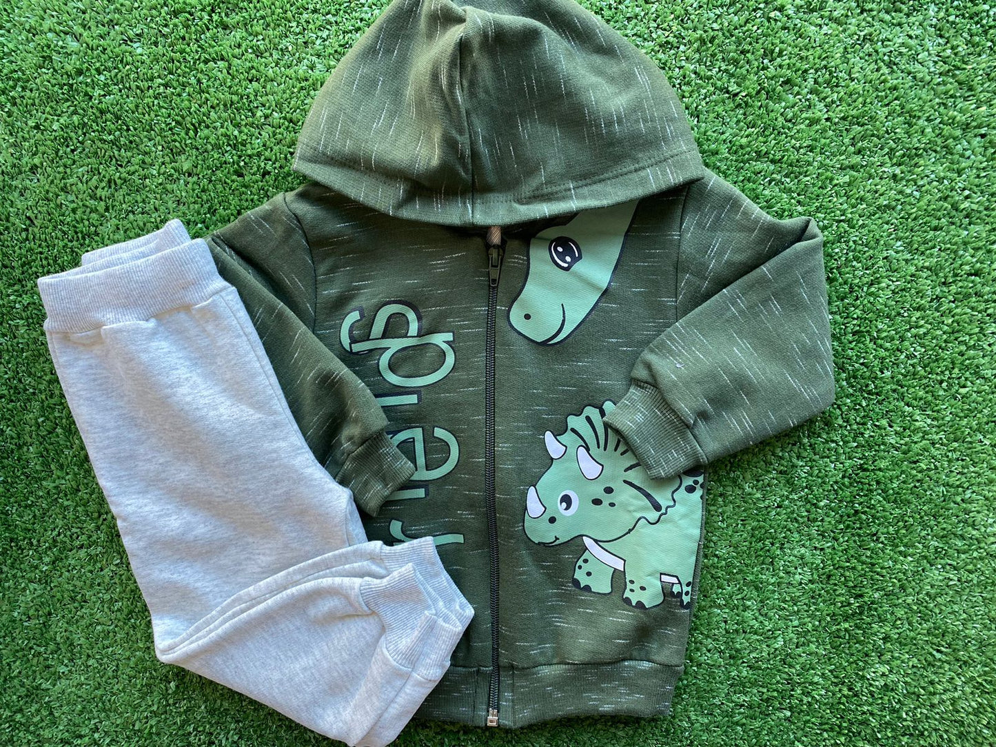 Conjunto Moletom Verde Militar Dinossauro