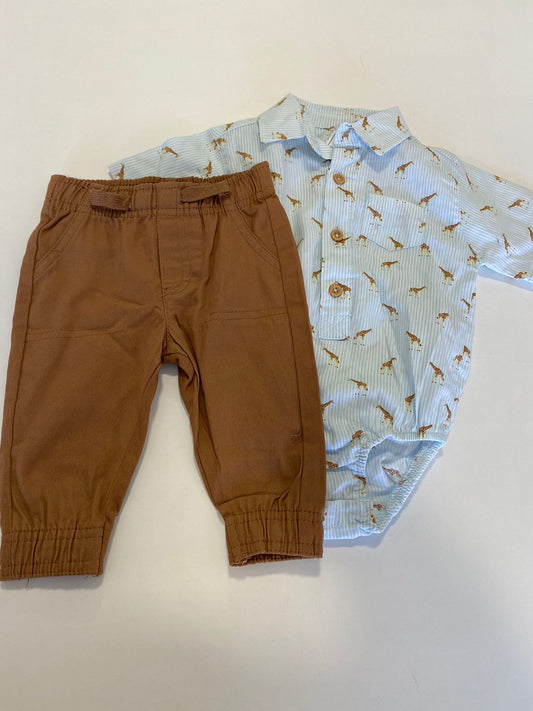 Conjunto Body Listrado Girafa e Calca Sarja Marrom