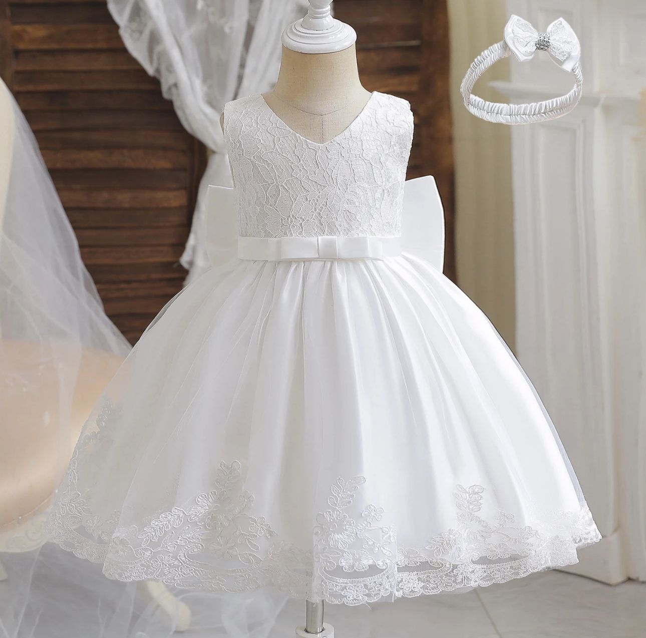 Vestido Batizado Branco Com Tiara