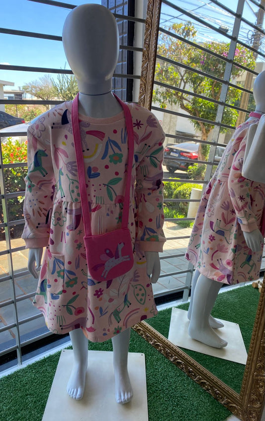 Vestido Manga Longa Unicornio com Bolsa