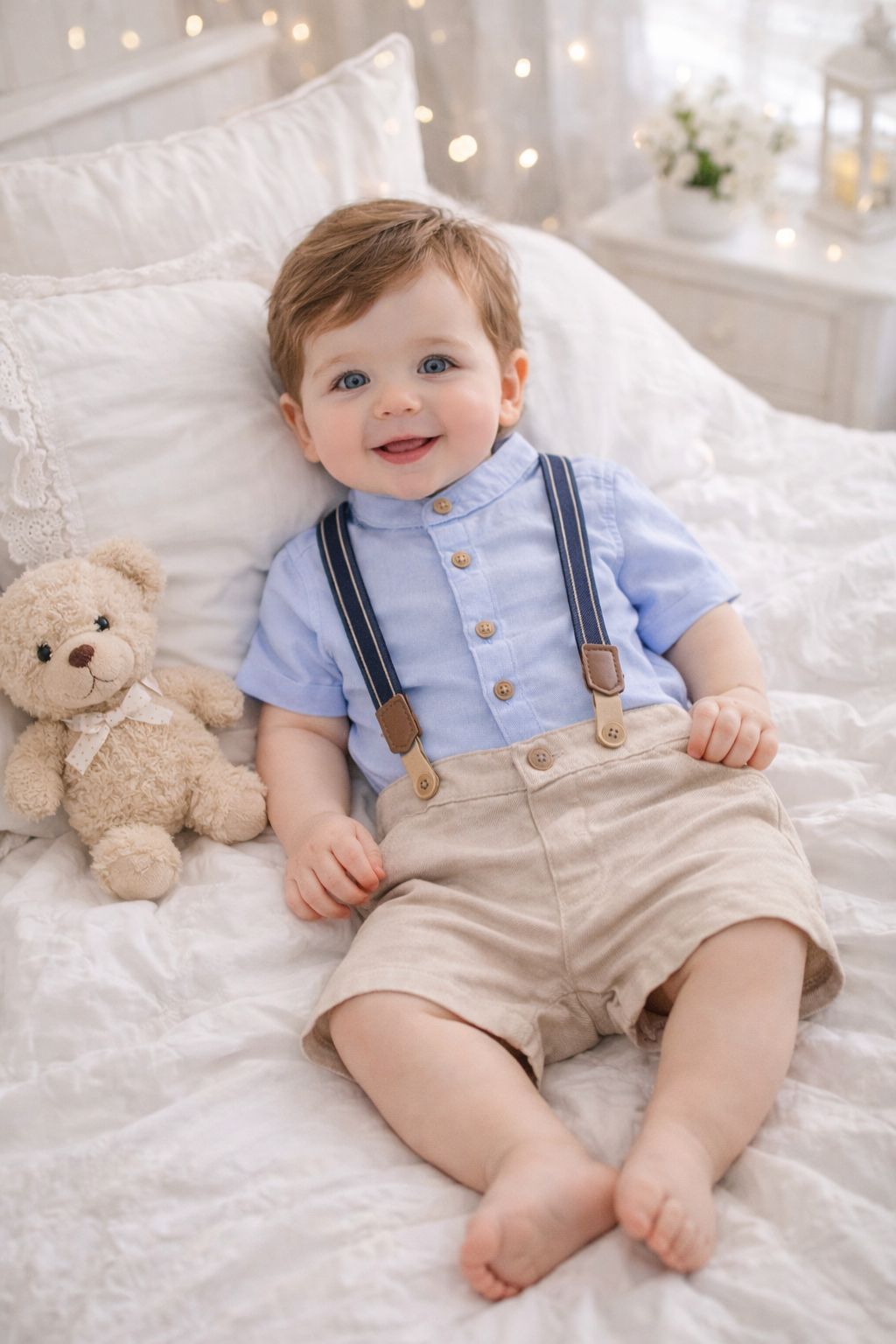 Jardineira Batizado Camisa Azul