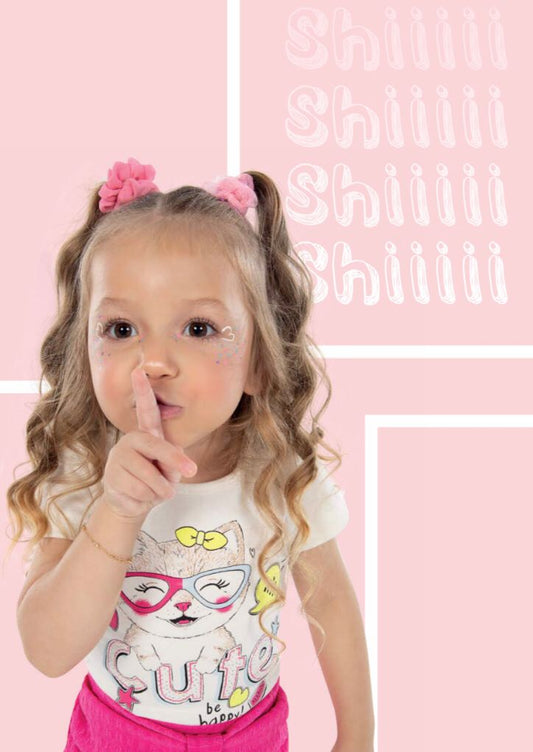 y Conjunto Blusa Gatinha Cute e Shorts de Laço